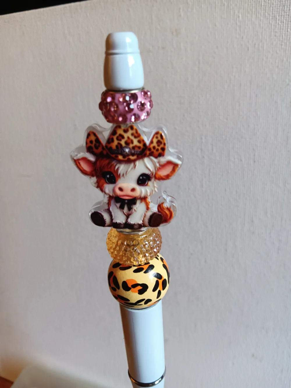 Cute Cow Beaded Pen, White with Pink and Yellow Accents